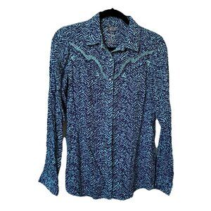 Y2K Rock 47 Wrangler Pearl‎ Snap Shirt Womens M Blue Animal Print 2000s Western